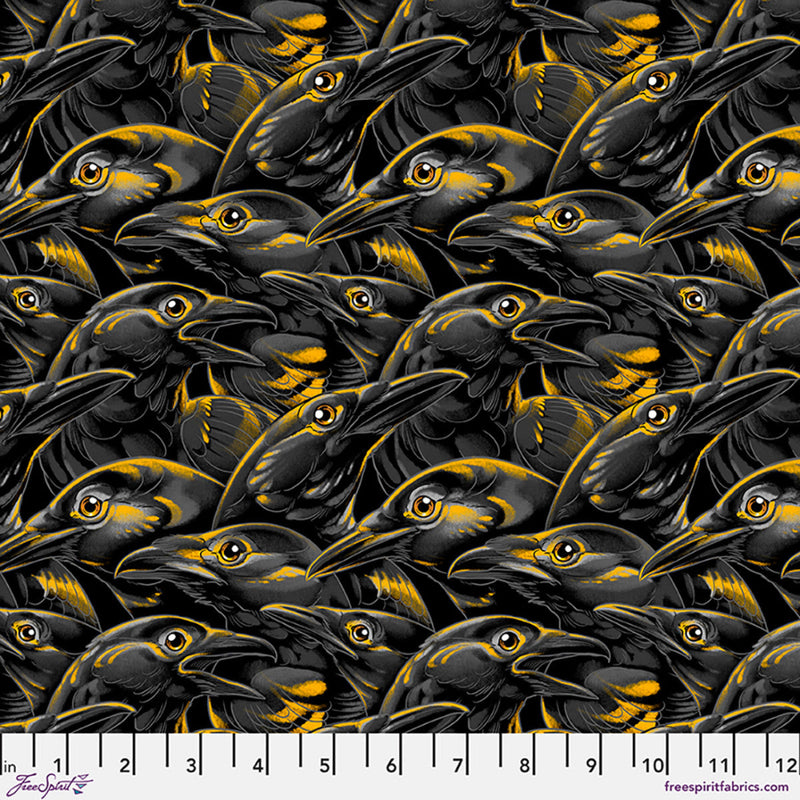 Pattern of crows with yellow highlights on a black background with a ruler at the bottom.