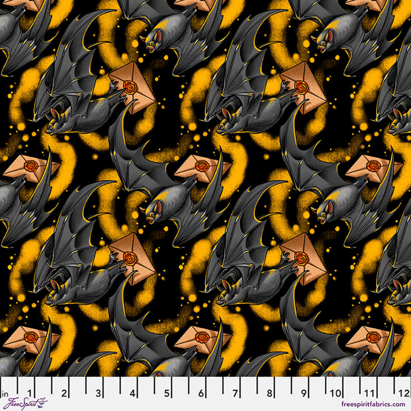 Pattern of vats and envelopes on a black background with a ruler at the bottom.