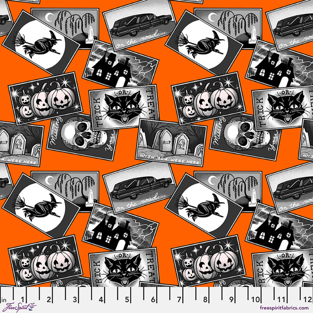 Halloween-themed fabric pattern with black and white graphics on an orange background.