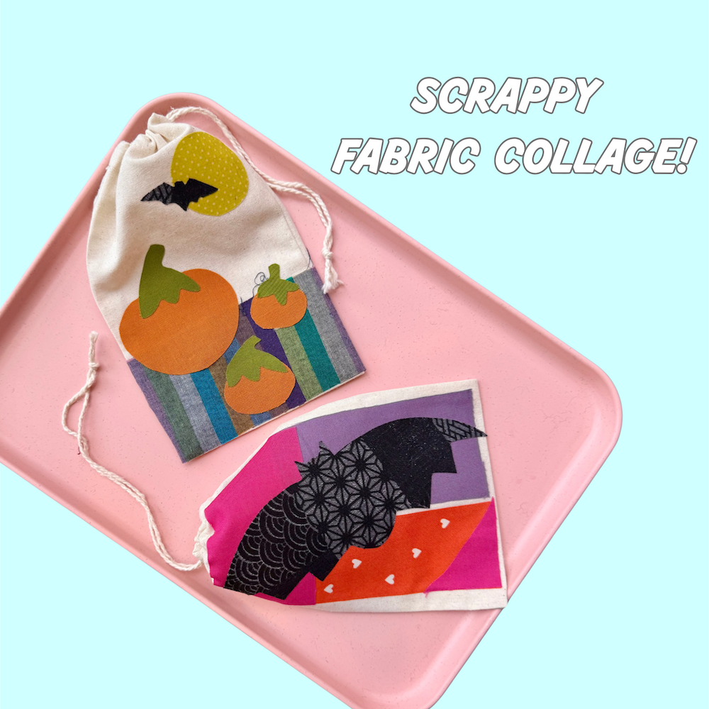 two drawstring bags on a pink tray with a blue background