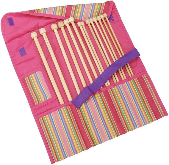 Set of knitting needles in a colorful striped case with a pink border