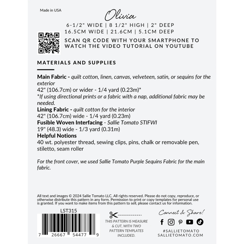 Pattern description sheet with text describing materials and supplies on a white background