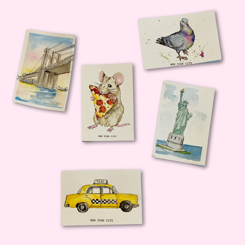 Set of five illustrated cards featuring New York City-themed designs on a light pink background.