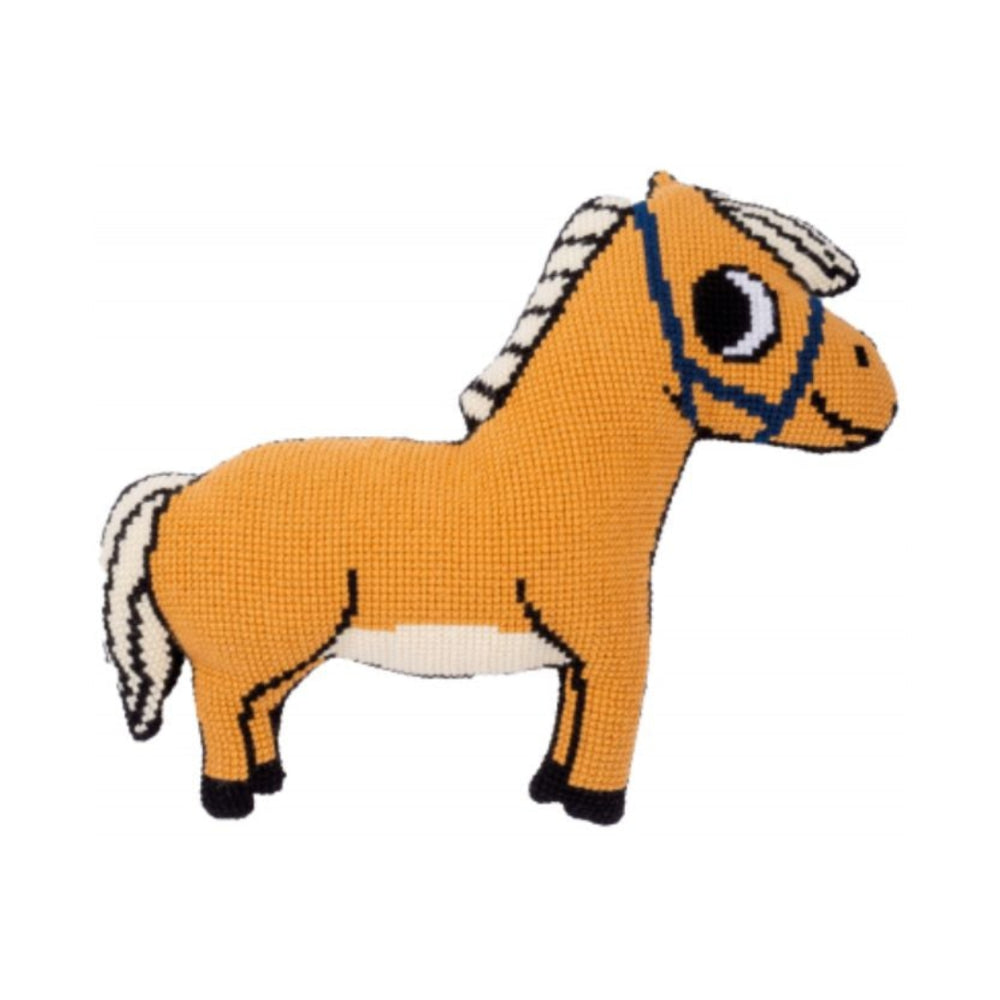brown pony with white mane and tail cross stitch cushion on white background.