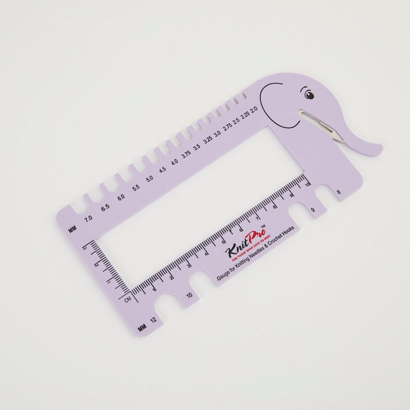 lilac elephant shaped yarn cutter and needle gauge