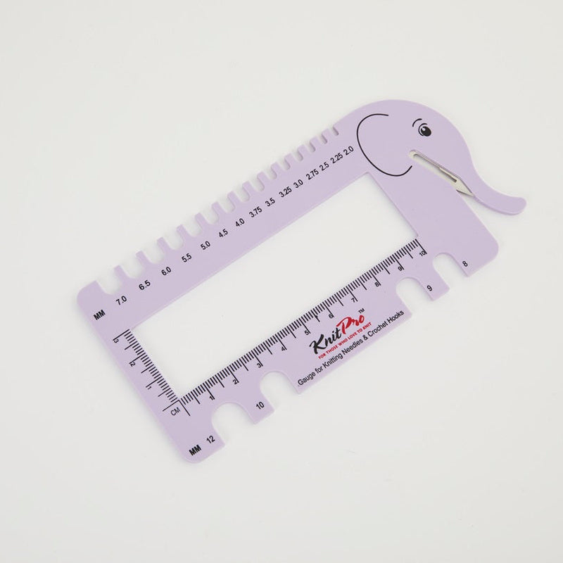 lilac elephant shaped yarn cutter and needle gauge