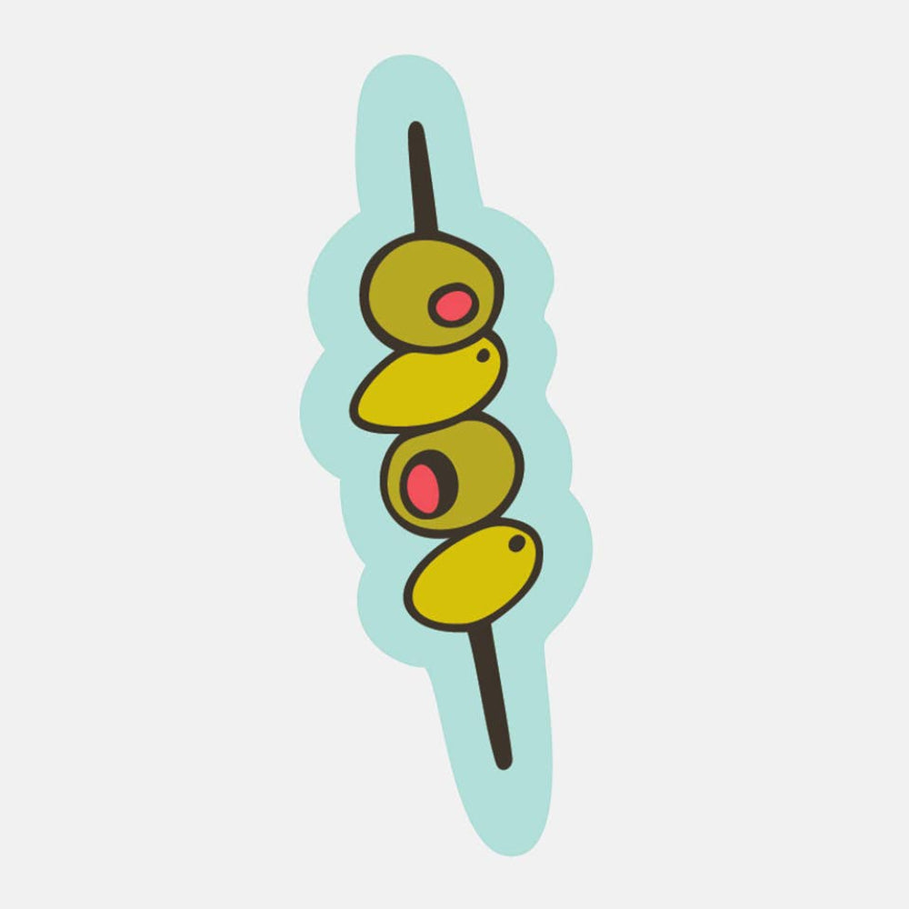 Sticker of a olives on a stick with a light blue border on a light gray background