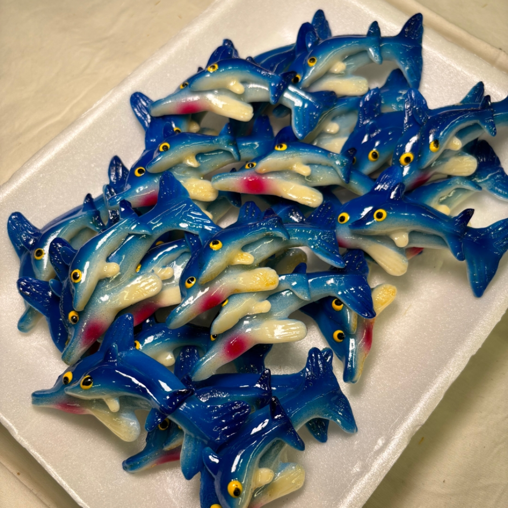 white tray of dolphin clay magnets. Each magnet has a large blue dolphin with a baby blue dolphin on its back.