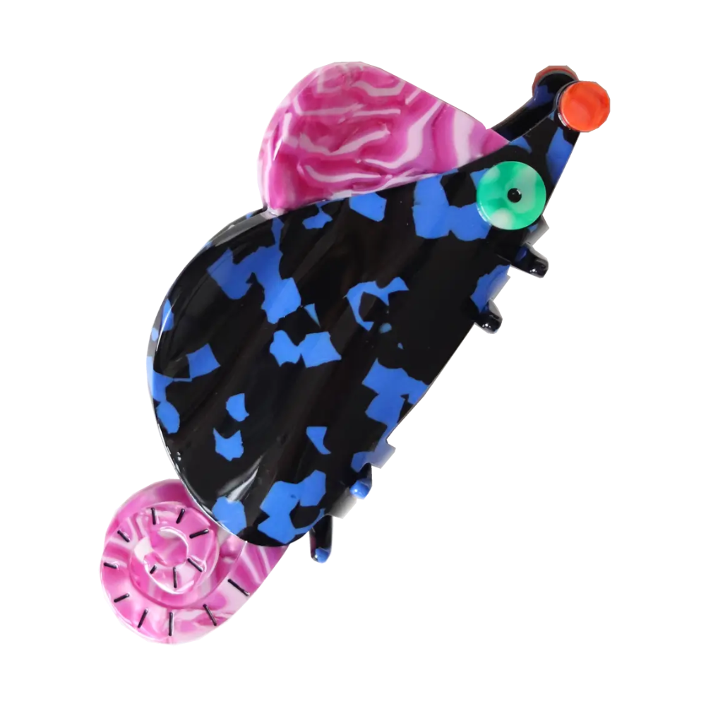 Colorful rat-shaped hair claw with pink and blue patterns on a white background