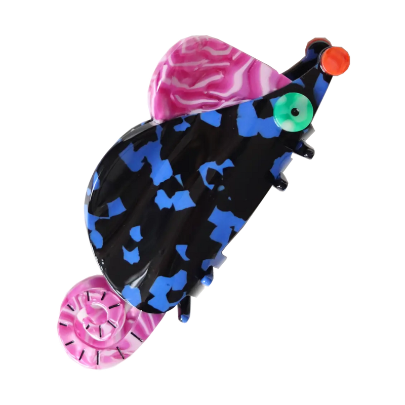 Colorful rat-shaped hair claw with pink and blue patterns on a white background