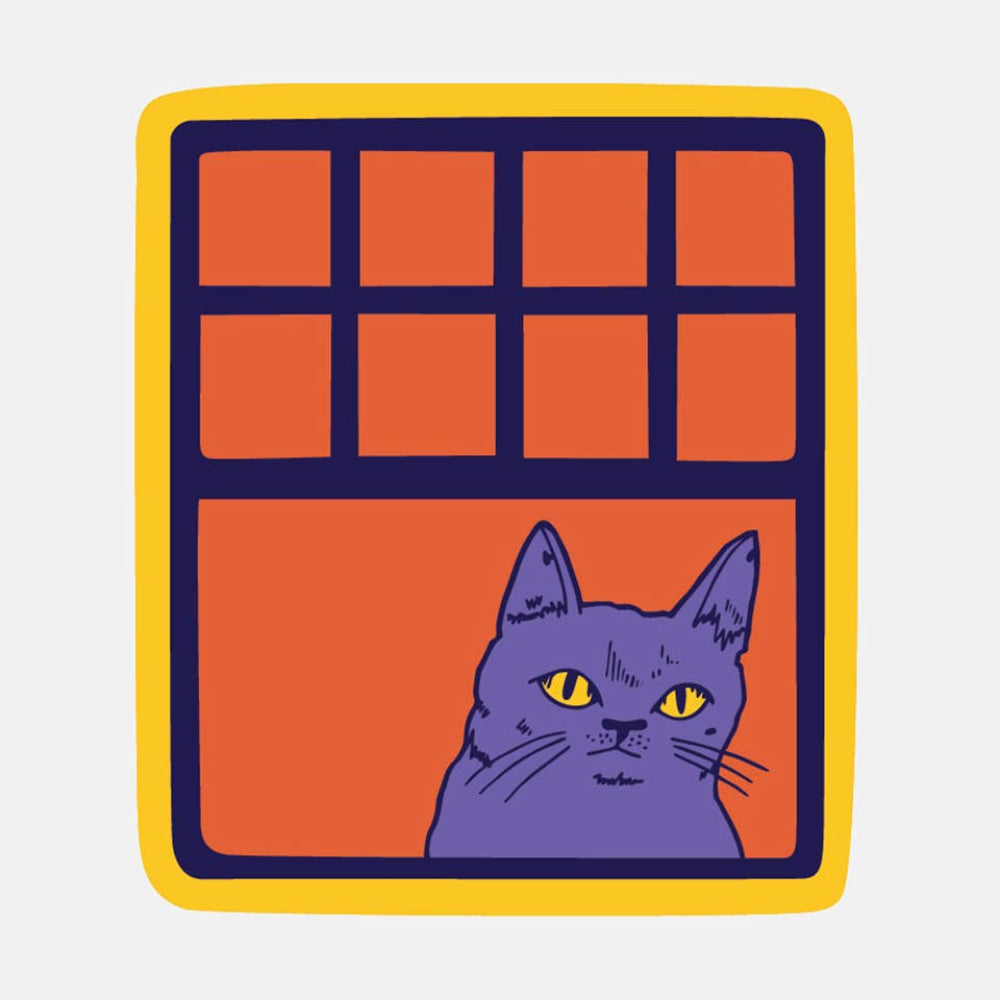 Illustration of a cat looking out of a window with an orange background