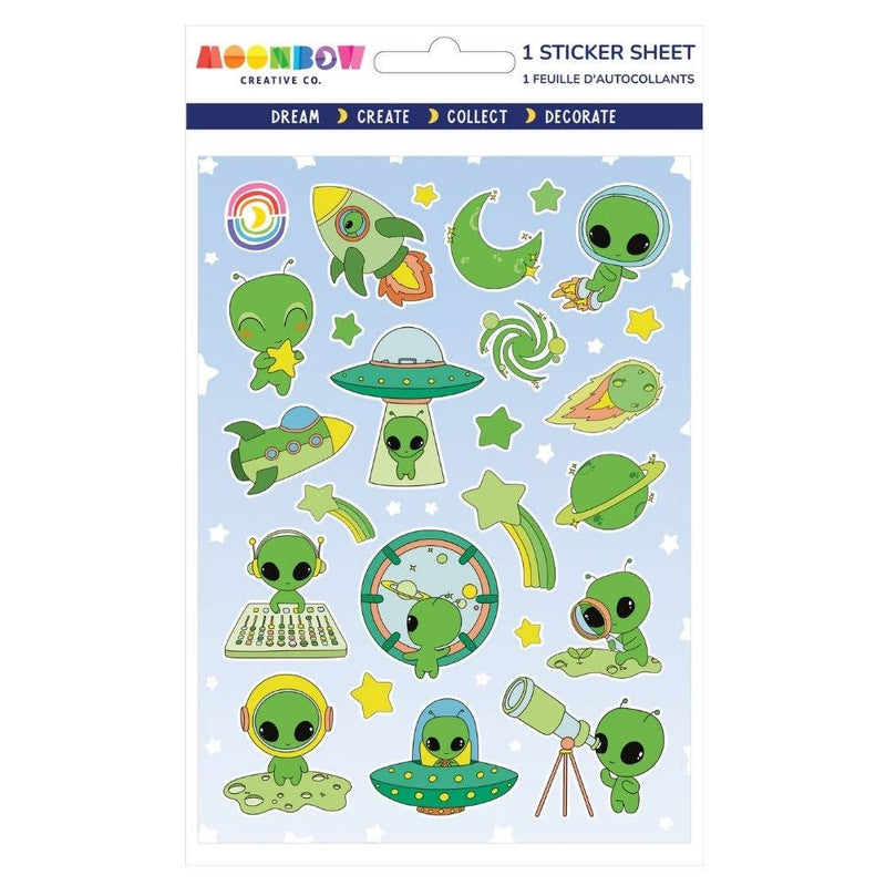 Sticker sheet with green alien and space-themed stickers on a white background