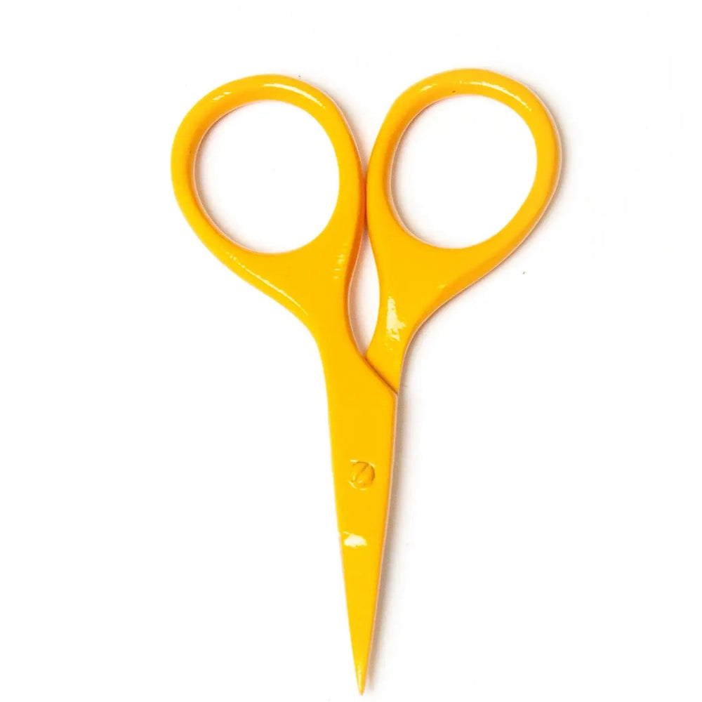 Yellow scissors on a white background