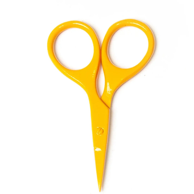 Yellow scissors on a white background