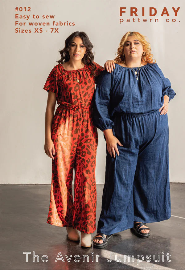 Two women wearing The Avenir Jumpsuit from Friday Pattern Co. with text about the pattern and sizes.