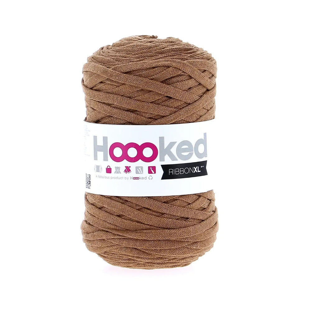 Ball of brown yarn with a 'Hoooked' label on a white background