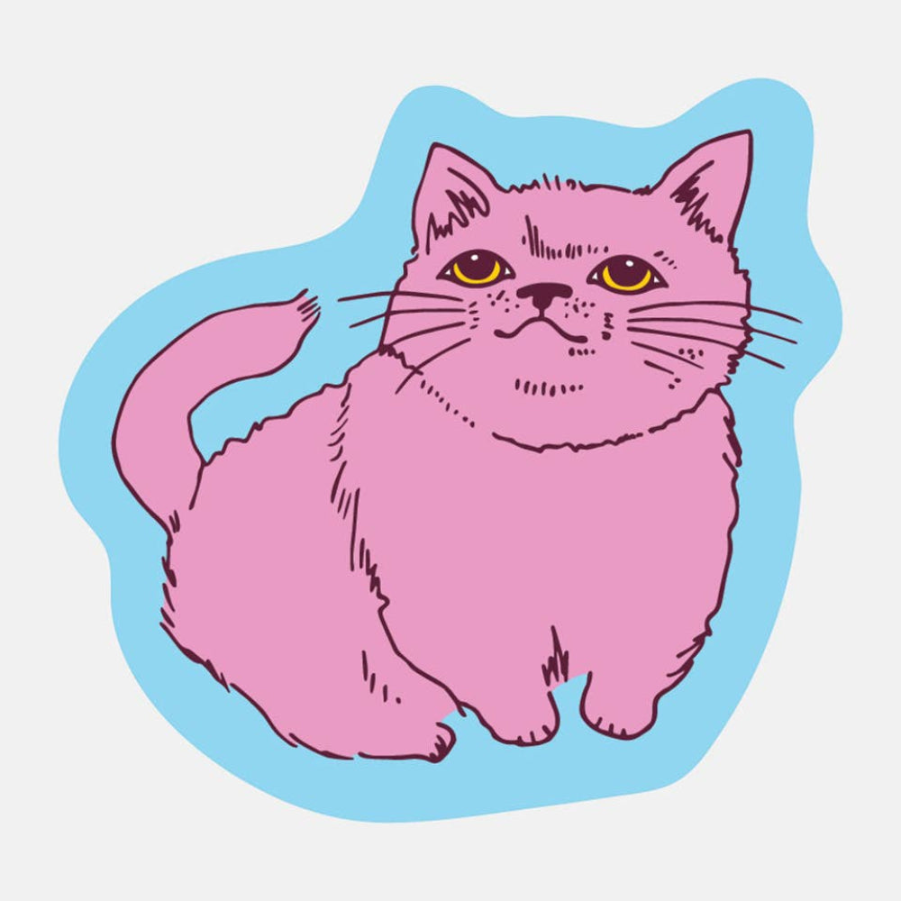 Pink cat illustration with a blue border on a light purple background