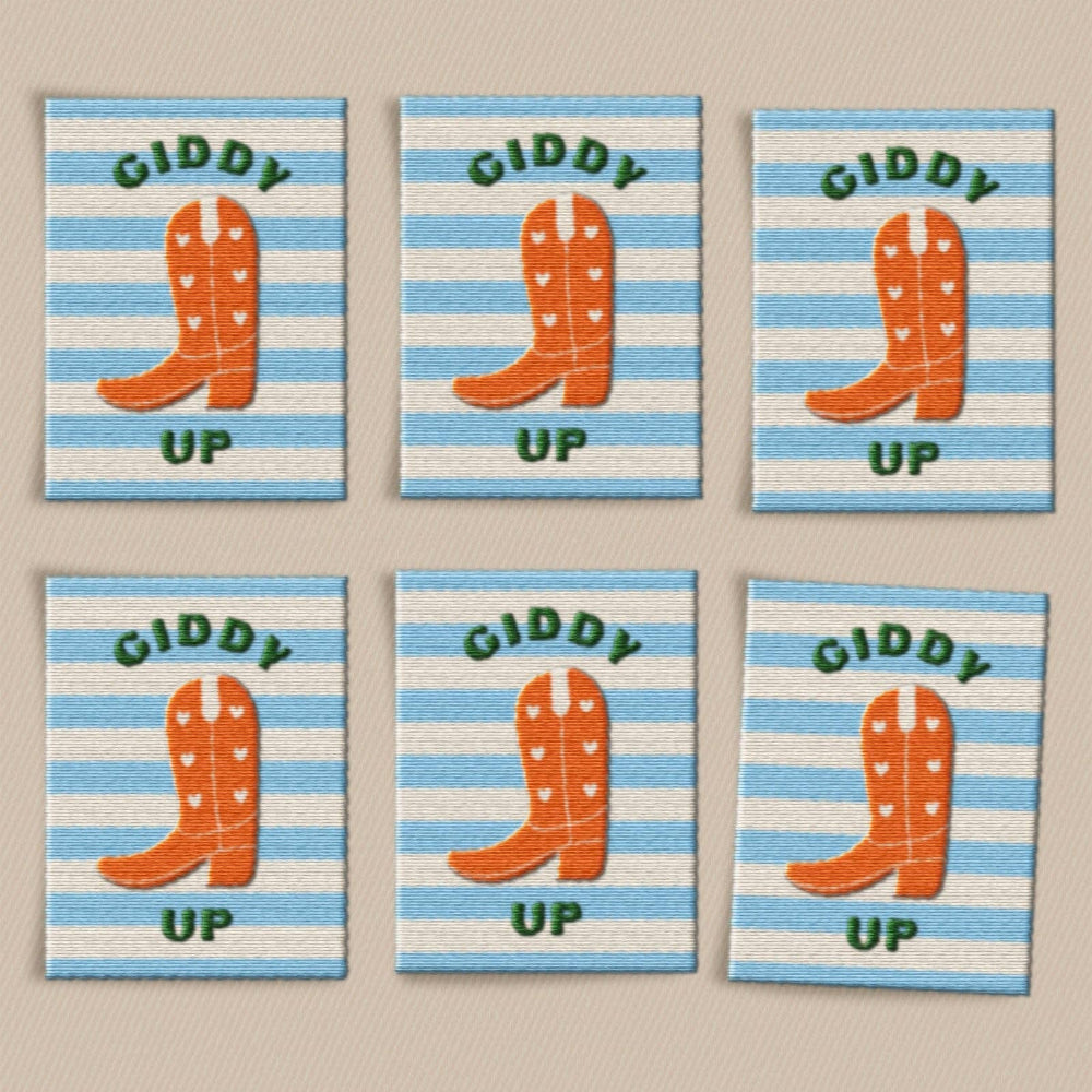 Set of six labels with orange cowboy boots and 'Giddy Up' text on blue and white striped backgrounds.
