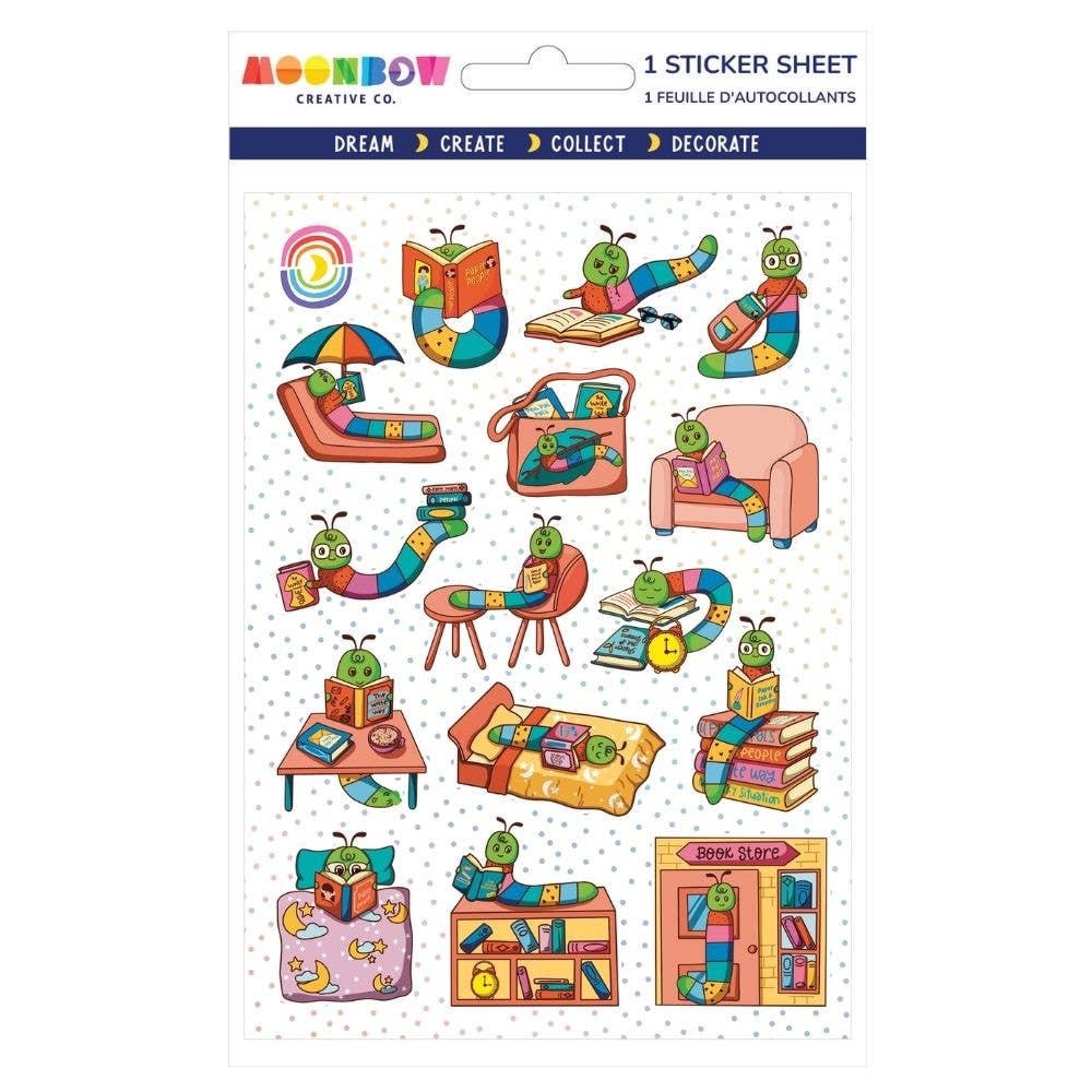 Sticker sheet with colorful illustrations of a caterpillar character in various poses on a white background.