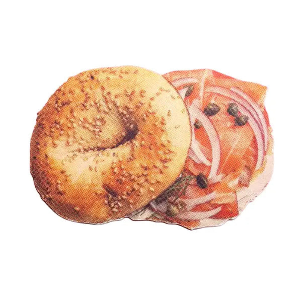 Bagel postcard with lox and onions on a white background