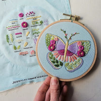 Embroidery hoop with a colorful butterfly design held by a hand, with an embroidery guide with different stitches in the background.