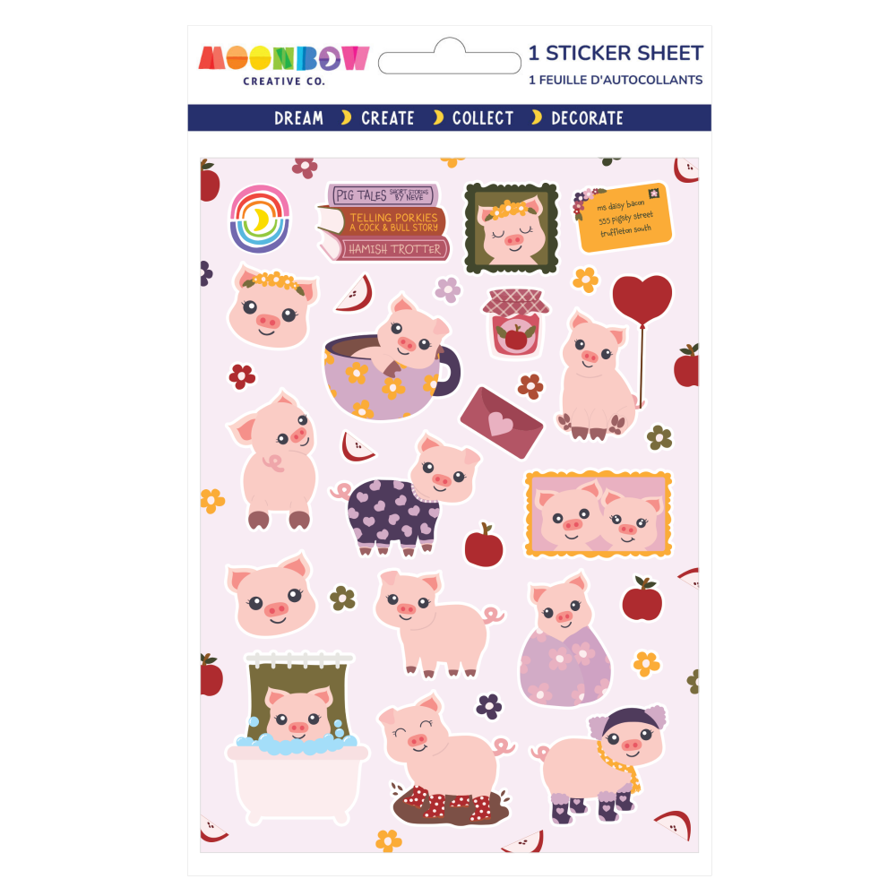 Sticker sheet with cartoon pigs and related illustrations on a white background