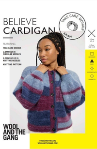 Woman in a light blue, dark blue, and burgundy striped knit cardigan on a gray, yellow, and white background with "Believe Cardigan" and other text.