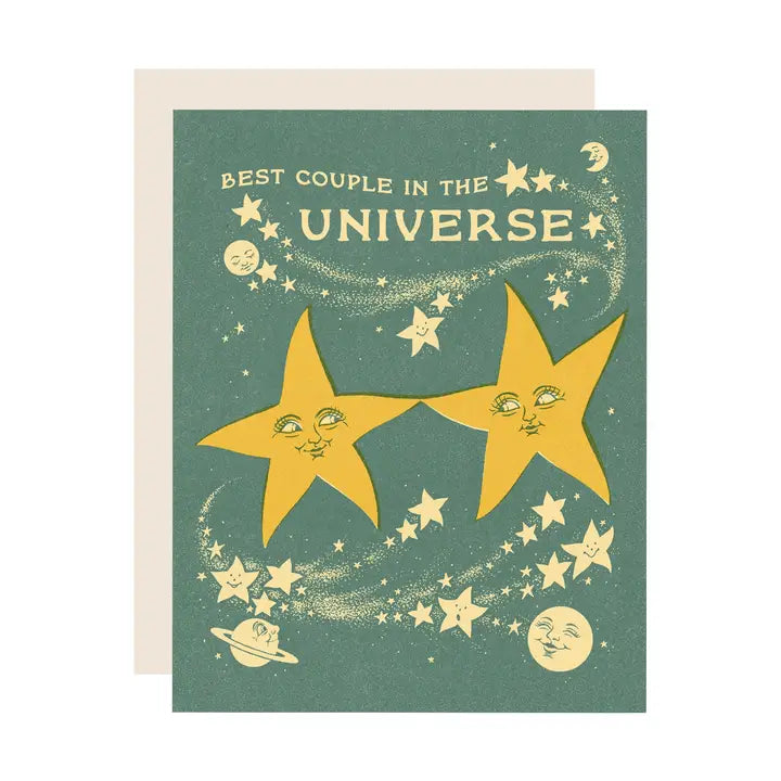 Teal greeting card with yellow stars and text on a white background.