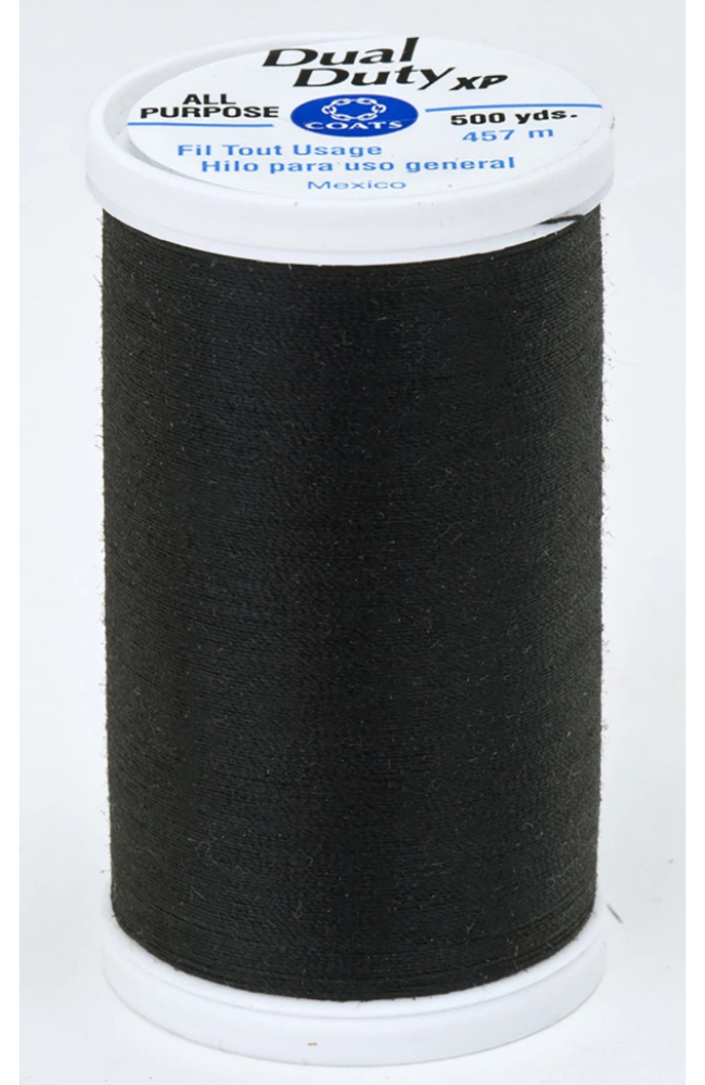 A spool of Dual Duty XP All Purpose sewing thread, wound tightly on a white plastic core with a white top and bottom cap. The label features blue and black text and logo.