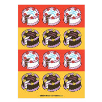 Sheet of birthday cake stickers with 'Happy Birthday' text on a red and yellow background, featuring the brand 'Greenwich Letterpress'.