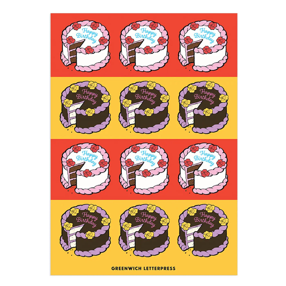 Sheet of birthday cake stickers with 'Happy Birthday' text on a red and yellow background, featuring the brand 'Greenwich Letterpress'.