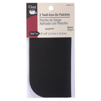 Black twill iron-on patches in packaging with Dritz branding.