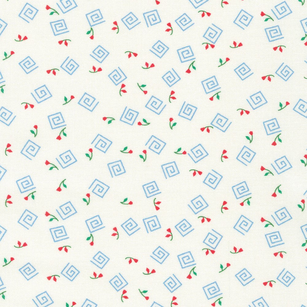 Pattern of blue squares and red flowers on a white background