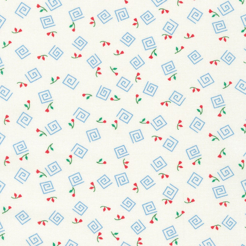 Pattern of blue squares and red flowers on a white background