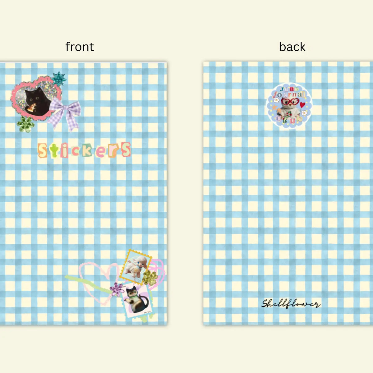 Two views of a sticker book with a blue and white checkered pattern, stickers on the front, and 'Shellflower' branding on the back.