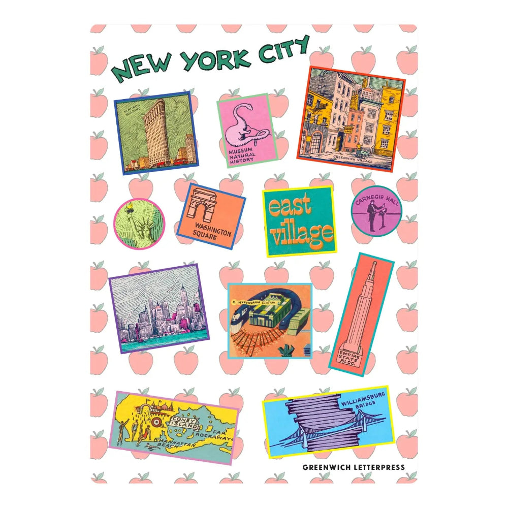 Sticker collection with New York City-themed designs on a white background with pink apples.