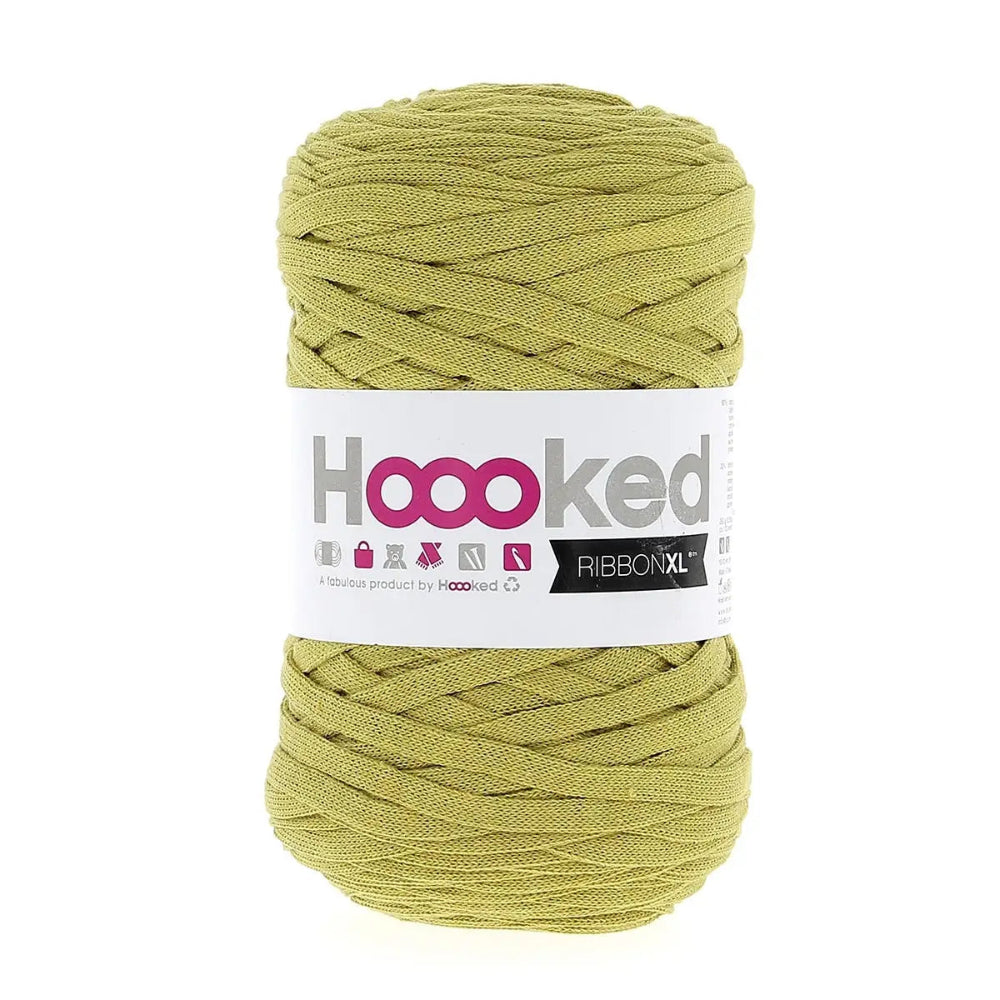 Ball of green yarn with a 'Hoooked' label on a white background