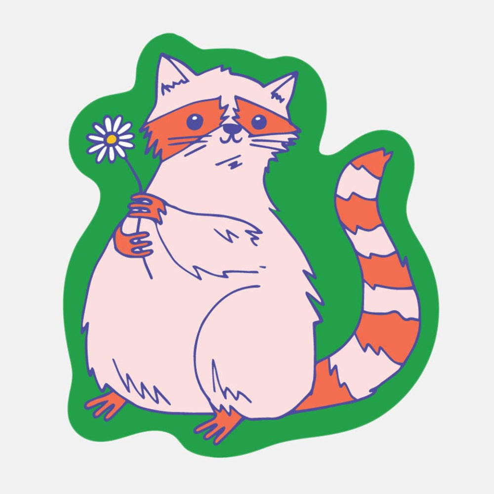 Illustration of a raccoon holding a flower with a green border on a light purple background