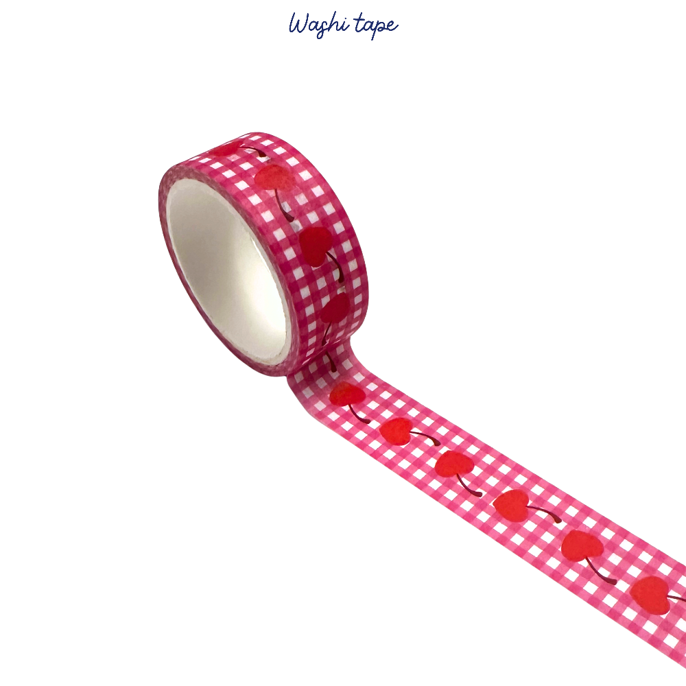 Roll of red and white checkered washi tape with cherry design on a white background