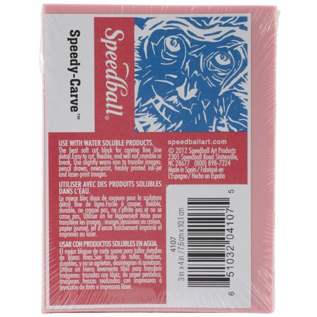 Pink carving block in plastic packaging with the brand name "Speedball" on it.
