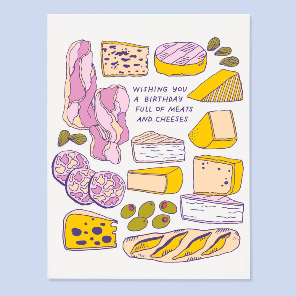Illustrated birthday card with meats and cheeses on a light blue background
