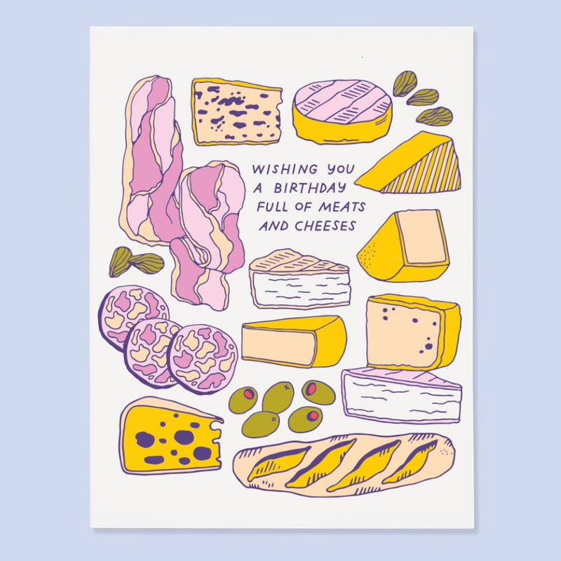 Illustrated birthday card with meats and cheeses on a light blue background