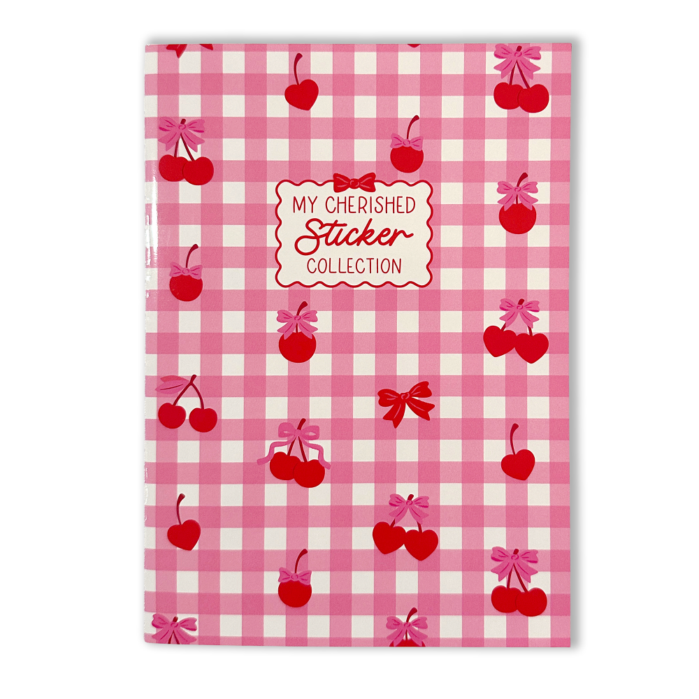 Sticker collection book with pink and white checkered pattern and red cherries and bows on a white background