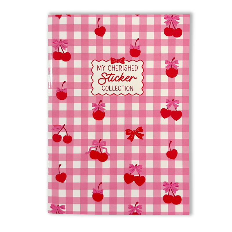 Sticker collection book with pink and white checkered pattern and red cherries and bows on a white background