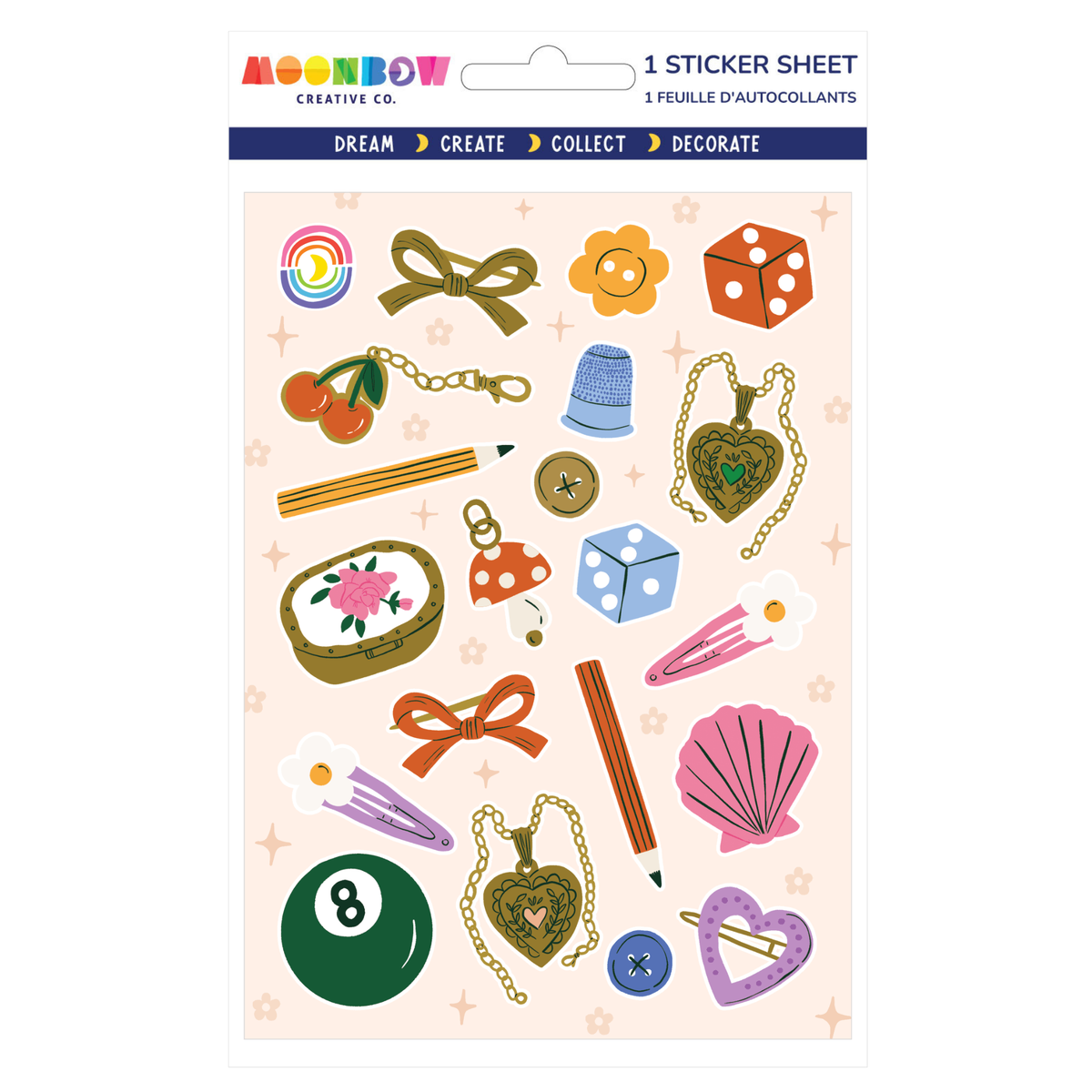 Sticker sheet with various decorative items on a white background, featuring the Moonbow Creative Co. brand.