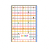 Notebook with a colorful plaid pattern and a blue edge on a white background