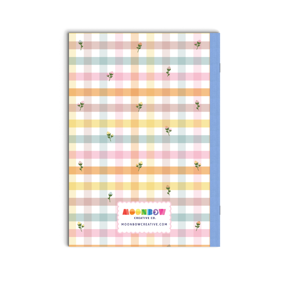Notebook with a colorful plaid pattern and a blue edge on a white background