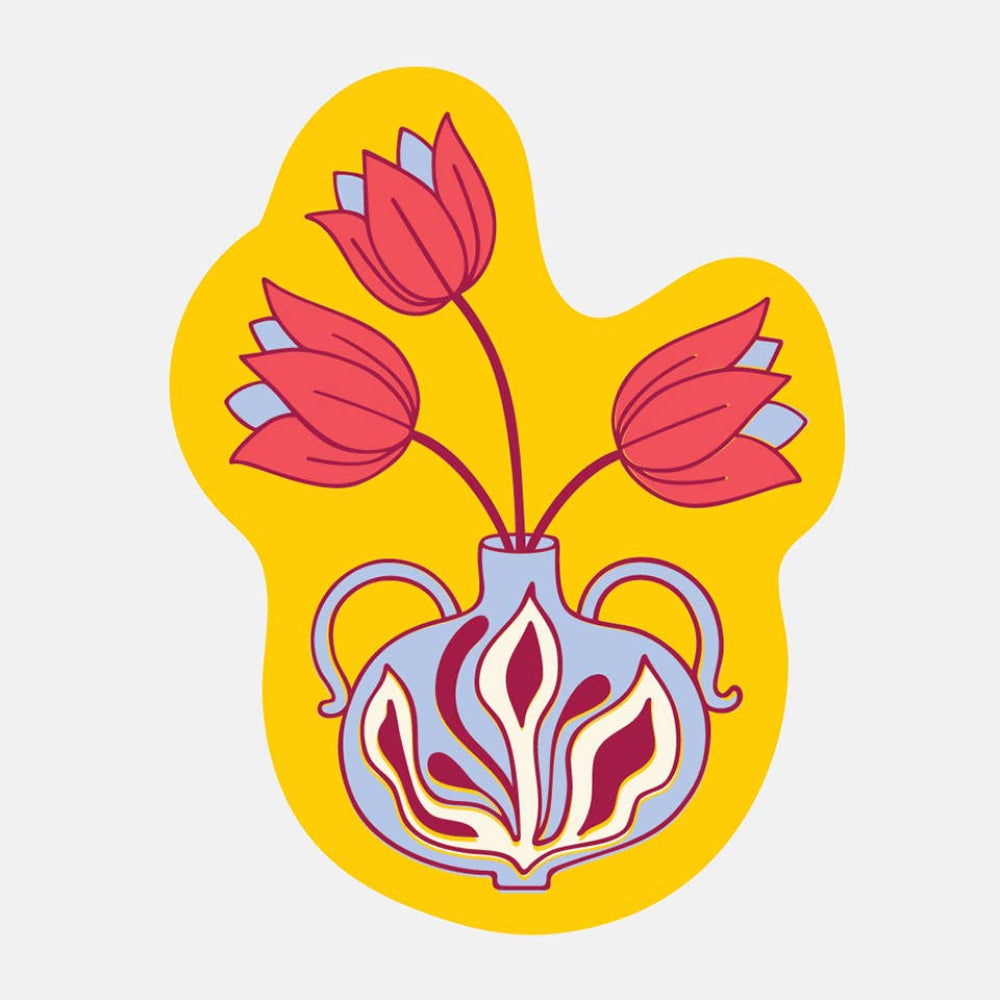 Decorative design of a vase with red flowers on a yellow background