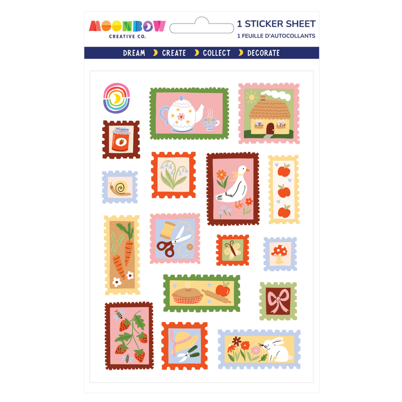 Sticker sheet with various designs on a white background, featuring the Moonbow Creative Co. brand.