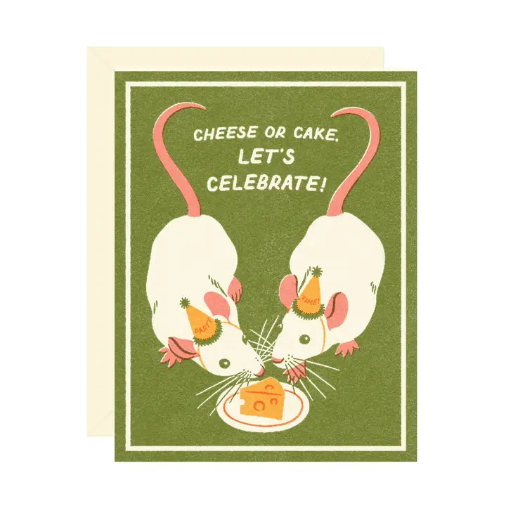 Green irthday or celebration card featuring two party hat-wearing mice debating “cheese or cake” over a celebratory snack on a white background.